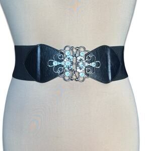 Black Elastic Waist Belt Statement Rhinestone Buckle Stretch Waist Cinch Romance